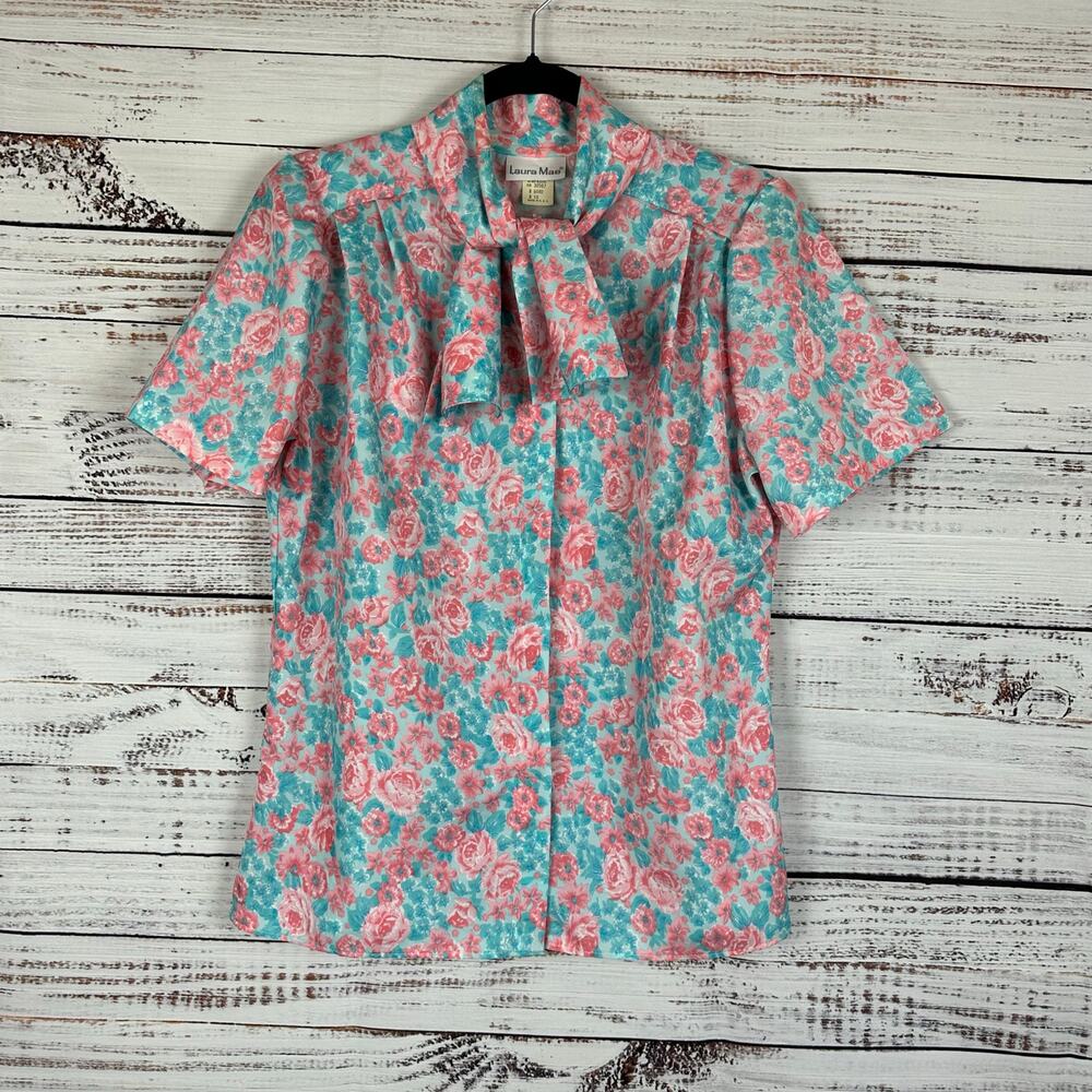 Women VTG Teal & Peach Laura Mae 70's Floral Neck Bow Button Up Blouse 12 LG